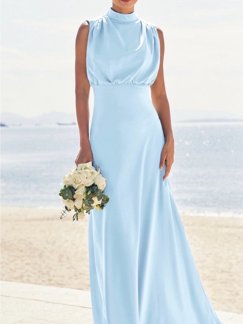 Elegant Light Blue High-Neck Sleeveless Maxi Dress